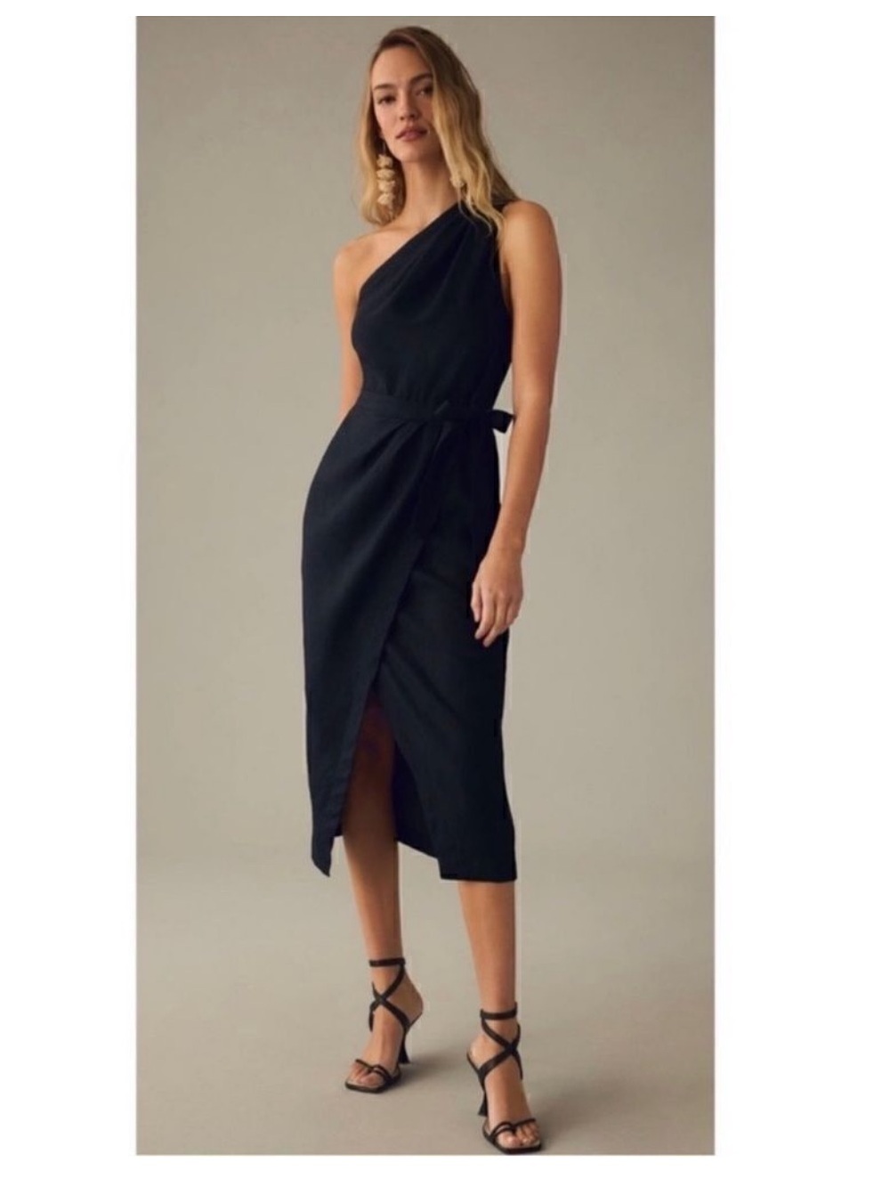 By Anthropologie Black One Shoulder Linen Wrap Dress Midi Size 2 New